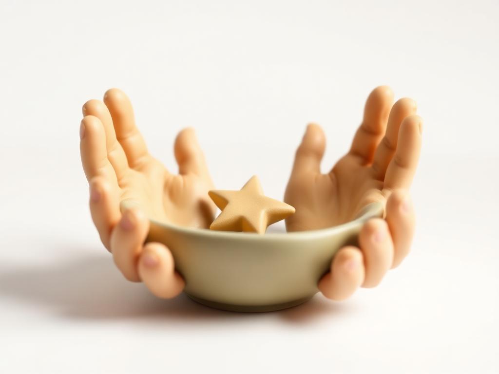 Two cream clay hands unclenching over a sage clay bowl with a gold clay star between them
