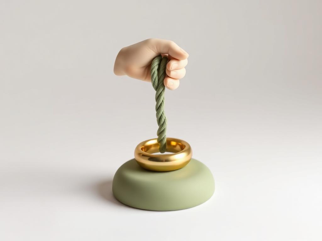 A cream clay arm holding a sage clay rope steady above a gold clay circle