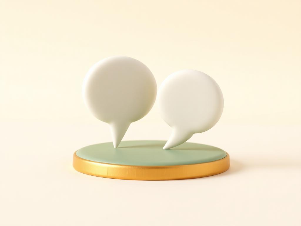 Two cream clay speech bubbles, one small and one large, on a sage clay base with a gold rim