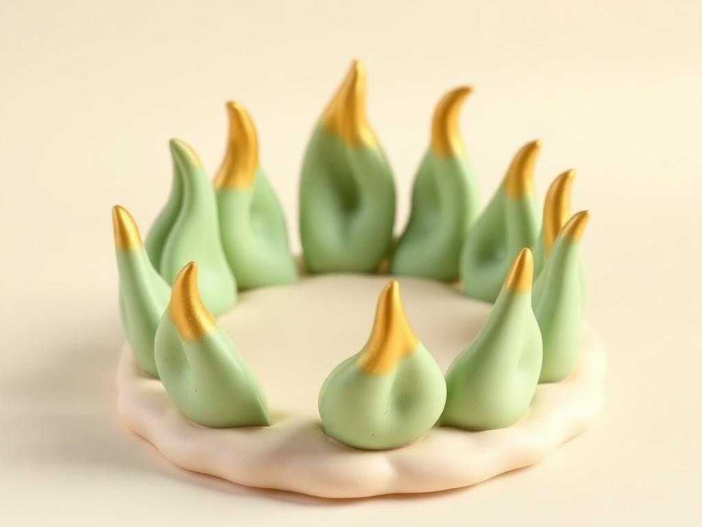 Cool sage clay flame shapes with gold tips curling around a cream clay circle