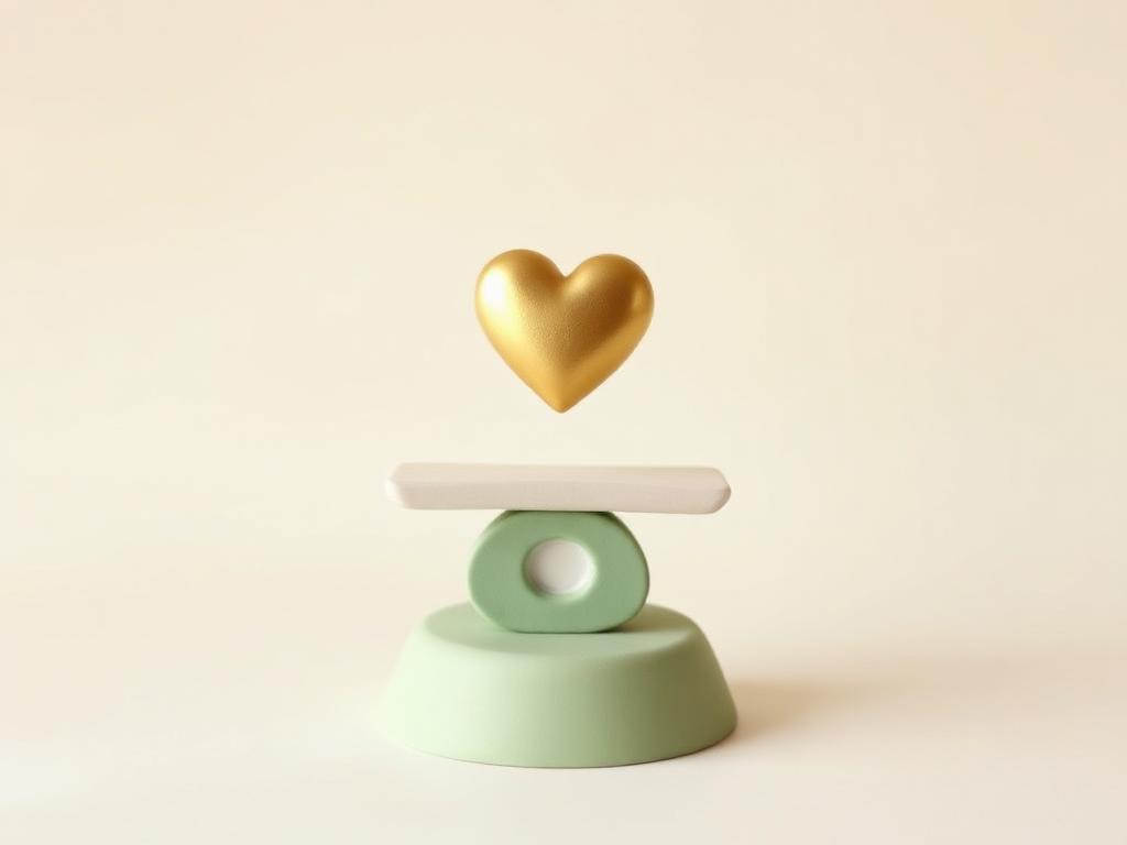 Two cream clay hands of a scale balanced with a gold clay heart on a sage clay stand