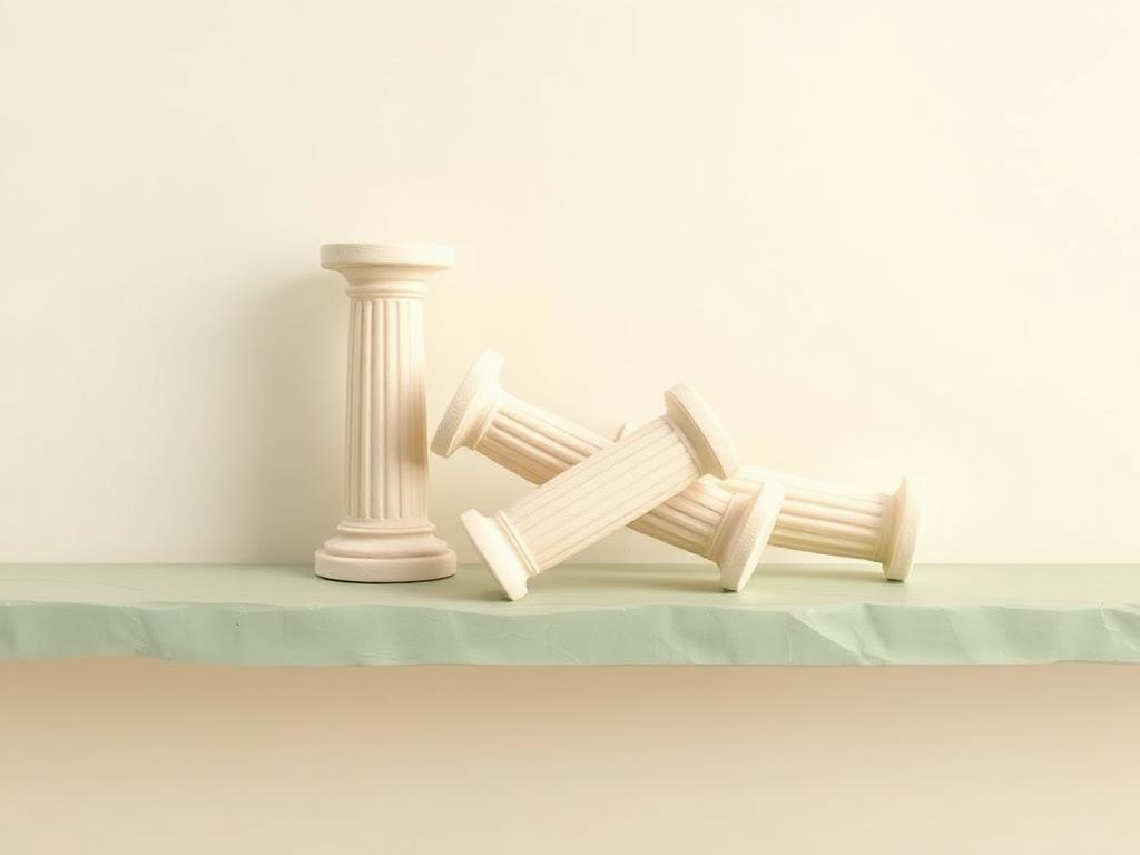 Row of small blank cream clay statues toppled over on a sage clay shelf