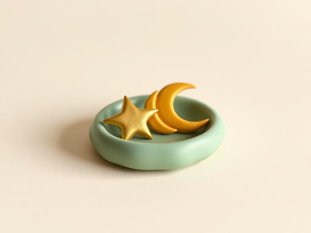 Small gold clay star, crescent and sun shapes resting on a sage clay dish
