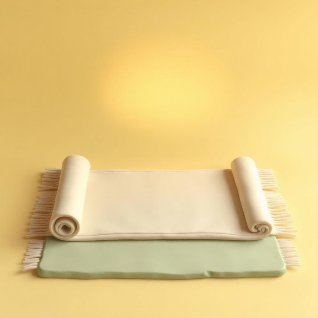 A cream clay prayer mat laid straight with a soft gold clay glow above it on sage clay floor