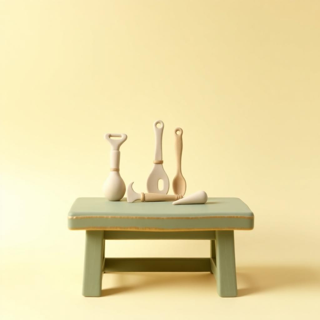 A neat row of cream clay tools lined up perfectly on a sage clay workbench with gold clay trim