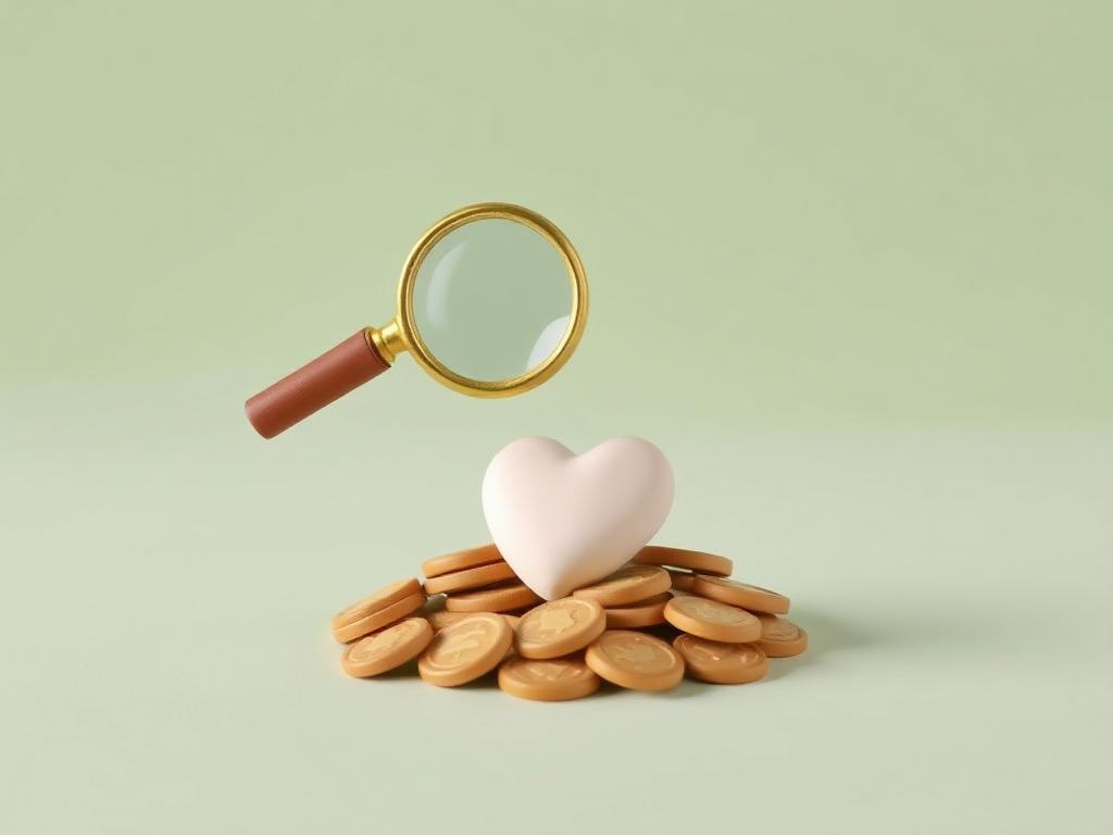 A gold clay magnifying glass hovering over a cream clay heart resting on a pile of clay coins