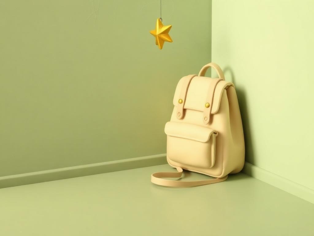 A cream clay school bag with a small gold clay star of light hanging above it on a sage clay floor