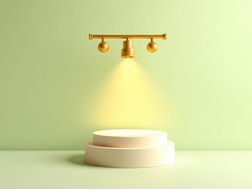 A gold clay stage spotlight beaming down onto an empty cream clay podium against a sage background