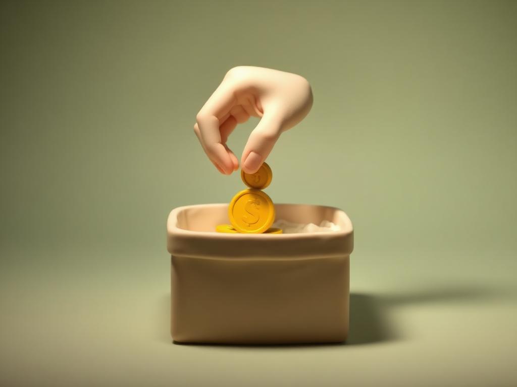 A cream clay hand dropping a gold clay coin into a covered cream clay box in soft shadow