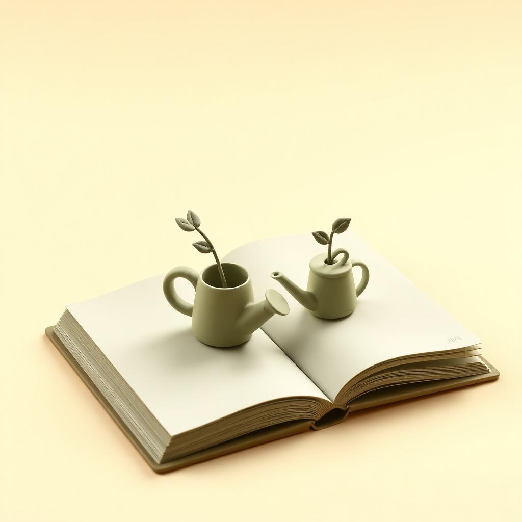 An open blank clay book lying flat with a small sage clay watering can and young clay saplings growing from the pages