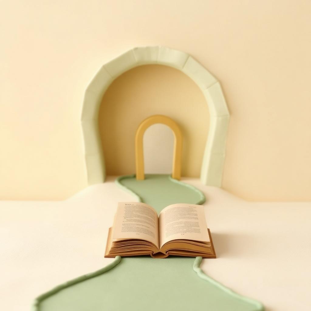 A sage clay path leading towards an open gold archway with a clay book at its start
