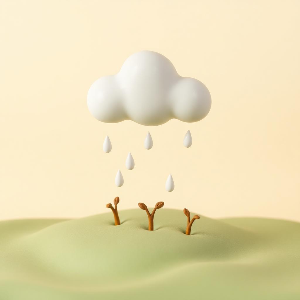 A white clay rain cloud with clay raindrops falling onto a green clay hill where small sprouts are growing