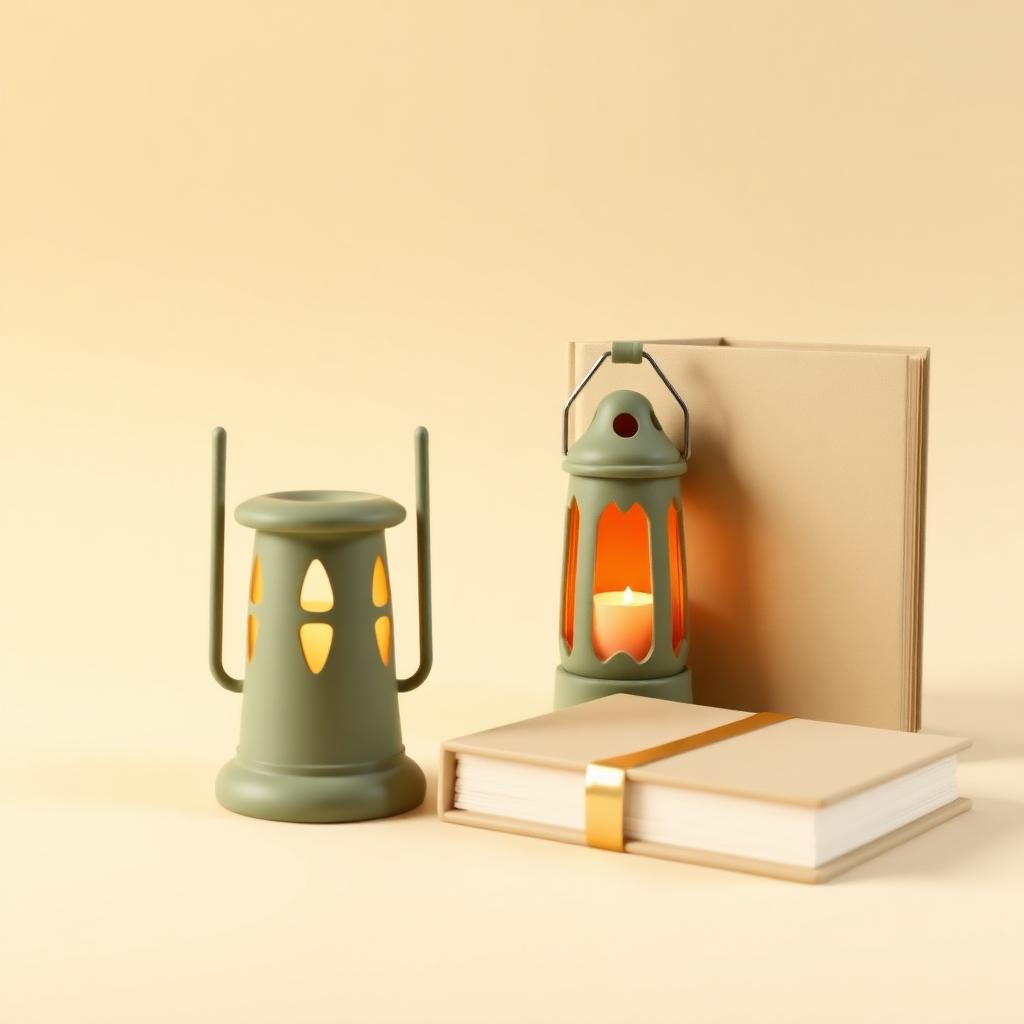 Two clay lanterns side by side, one lit and one catching light, beside a closed plain clay book with a gold band