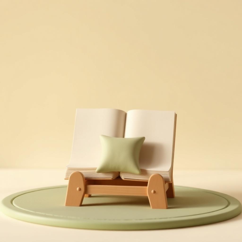 A low clay book stand holding an open blank clay book with a small sage cushion in front of it on a round mat