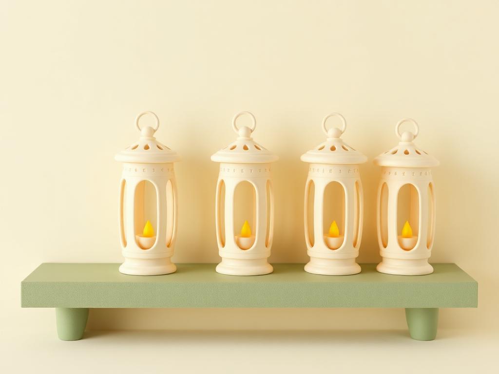 Row of cream clay lanterns of equal size lit with gold clay flames on a sage clay shelf