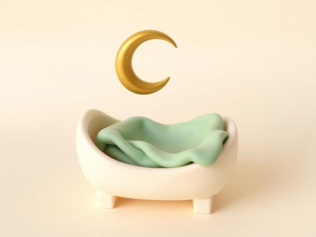 Small cream clay cradle with a sage clay blanket and a gold clay crescent above it