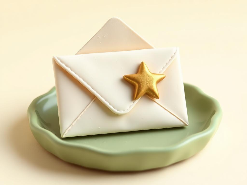 Cream clay envelope with a gold clay star seal on a sage clay dish