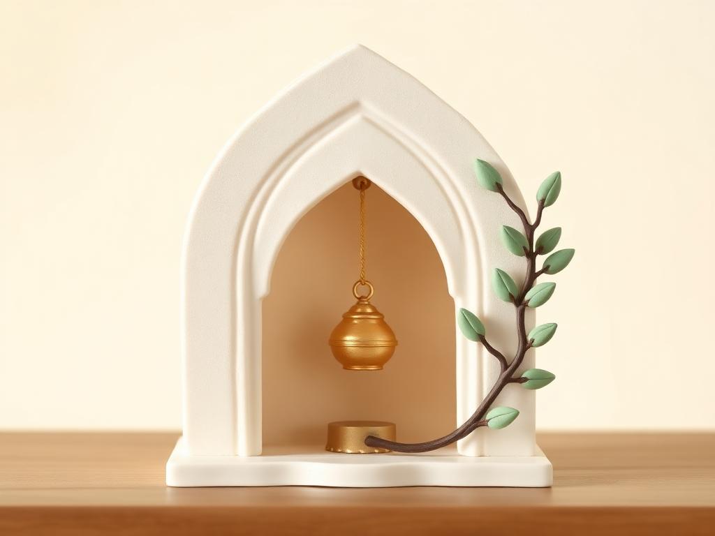 Small cream clay prayer niche with a gold clay lamp and a sage clay date branch