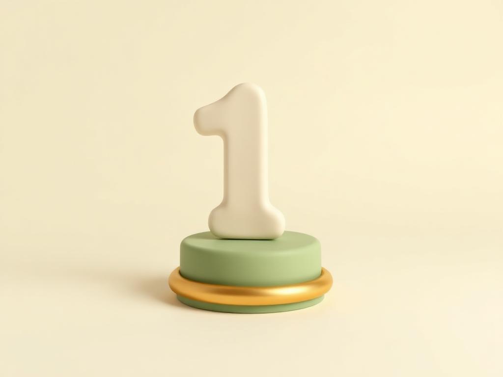 Single cream clay numeral one standing on a sage clay plinth with a gold clay ring