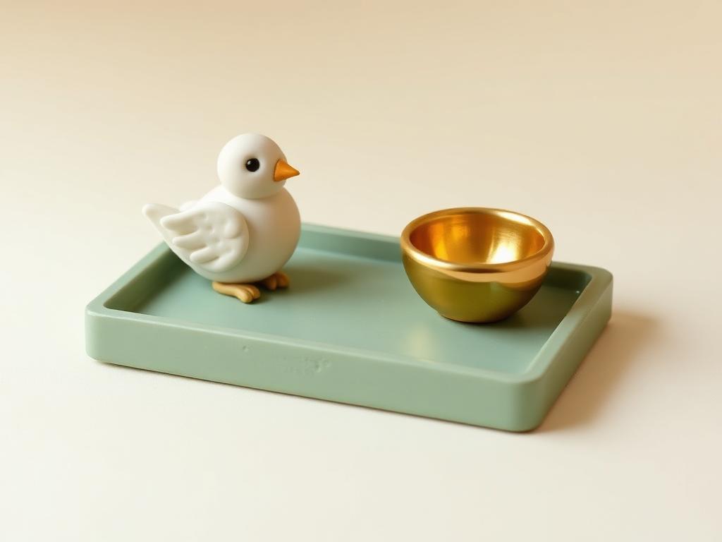 Cream clay bird shape and a small gold clay bowl of clay on a sage clay tray