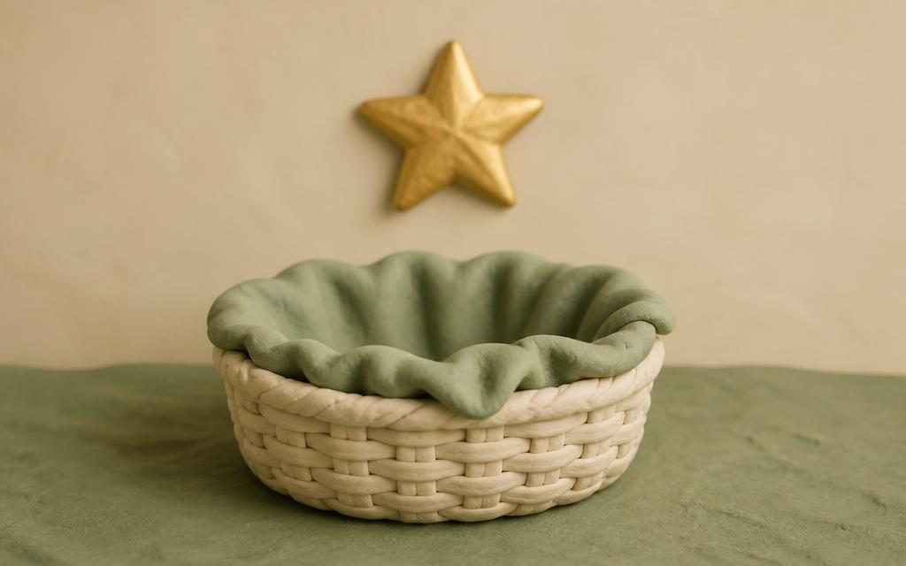 A rolled cream clay scroll tied with a sage clay cord on a sage clay base beside a small gold clay star