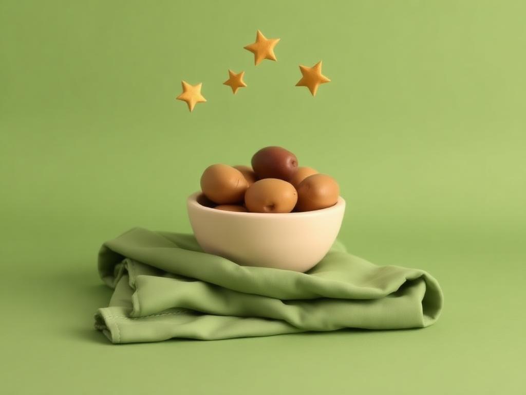Cream clay bowl of dates on a sage clay cloth with three small gold clay stars