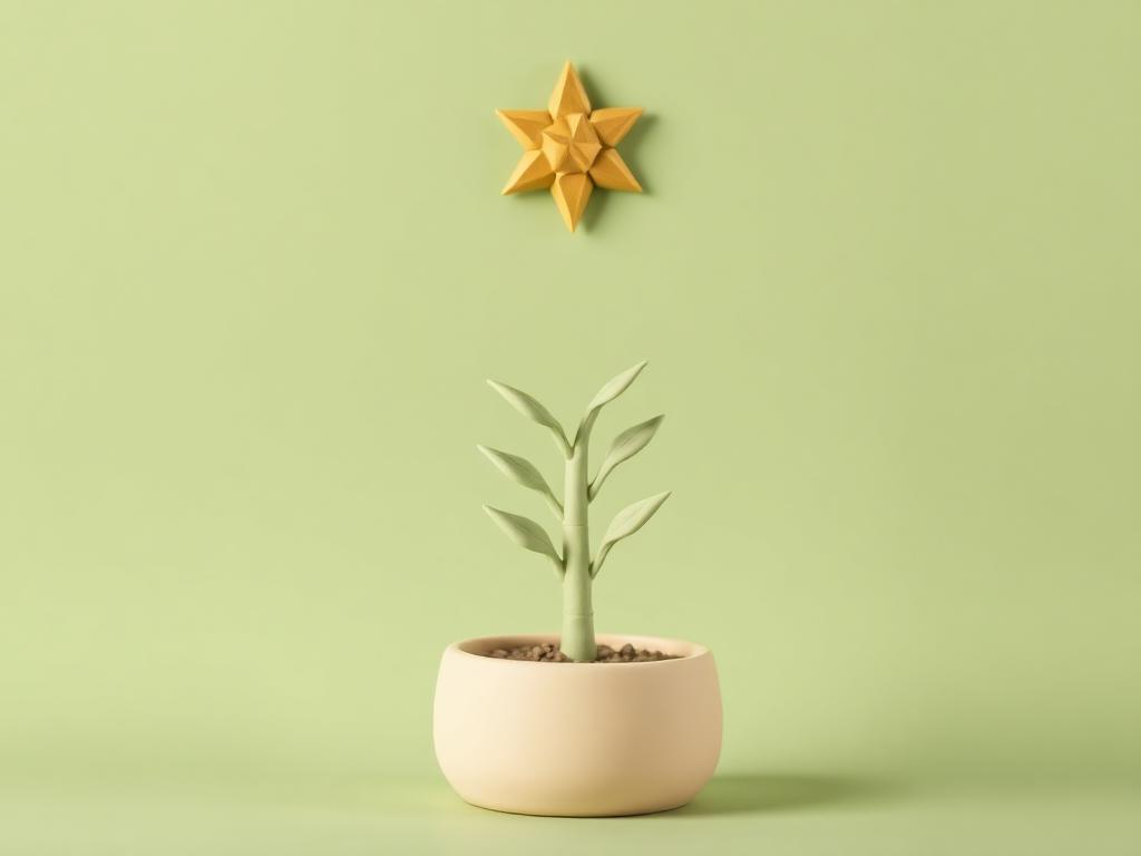 Cream clay date palm sapling in sage clay soil with a gold clay star above