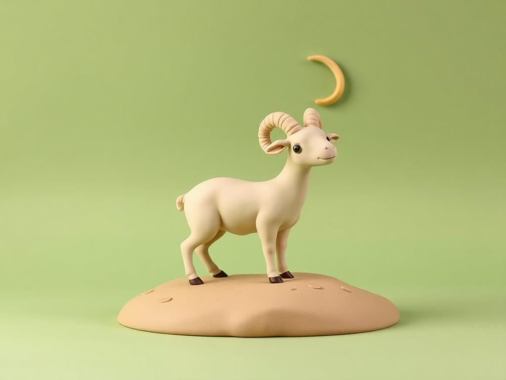 Cream clay ram beside a sage clay hill with a gold clay crescent above
