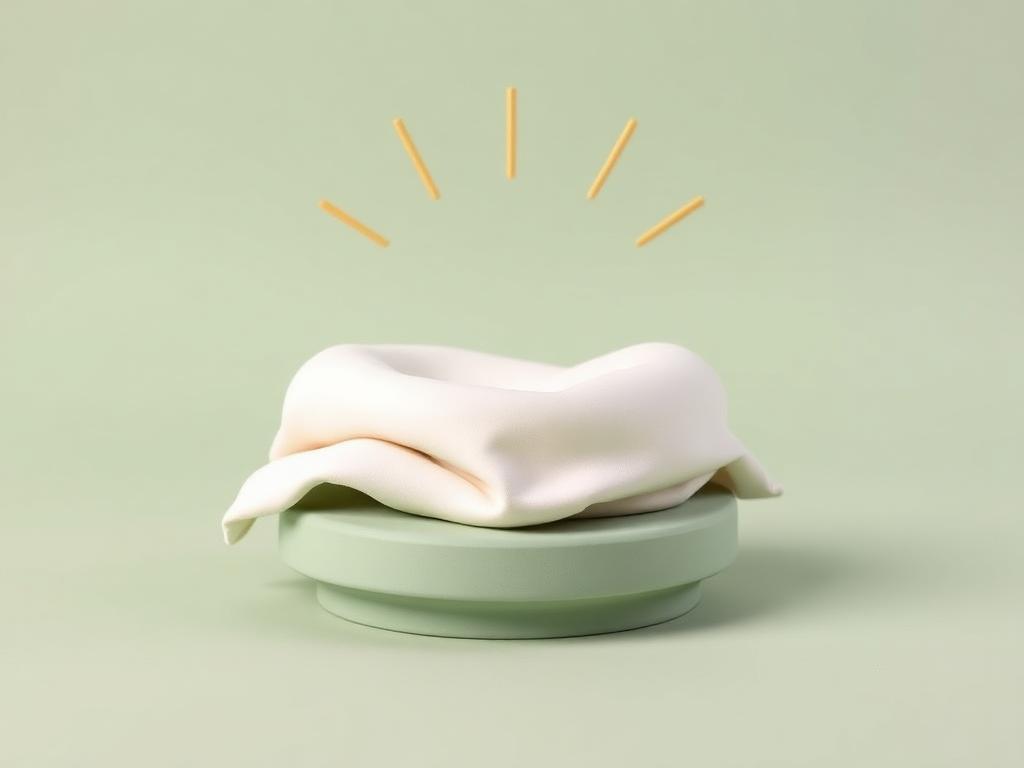 A cream clay folded white cloth on a sage clay stand with gold clay light lines rising above it