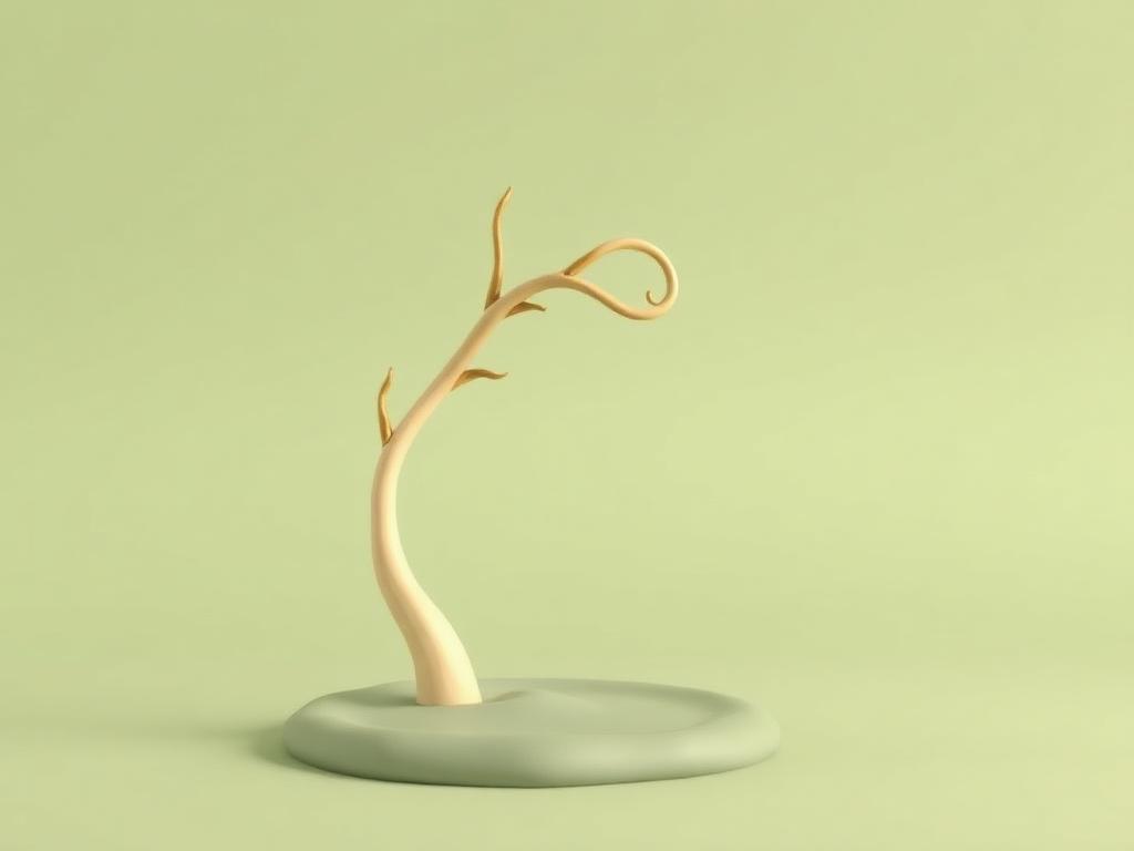A cream clay sapling standing upright in sage clay soil bent by gold clay wind lines but not broken