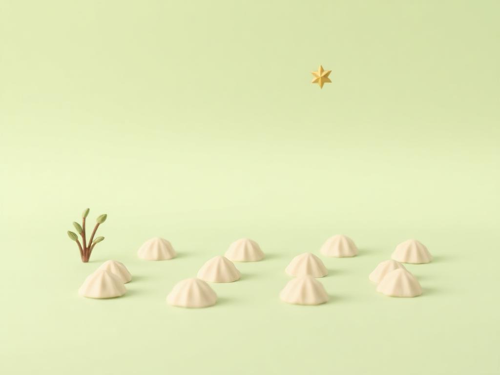 A quiet sage clay garden of low cream clay mounds with a single gold clay star in the sky