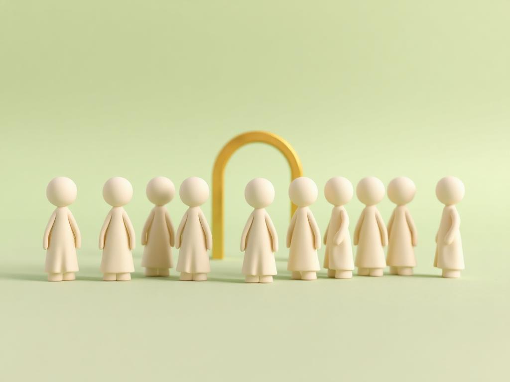 A line of small cream clay figures walking together along a sage clay path towards a gold clay arch