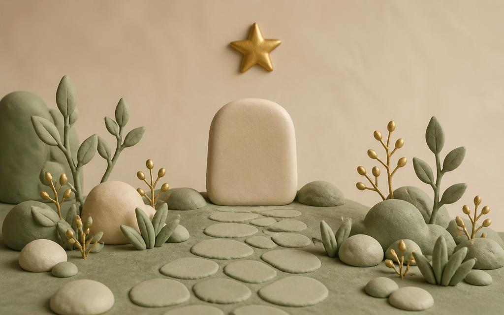A quiet sage clay path leading to a plain cream clay marker stone with a single gold clay star above
