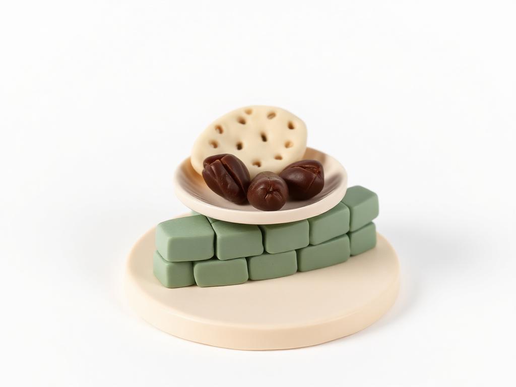 A cream clay plate of food being passed over a low sage clay wall