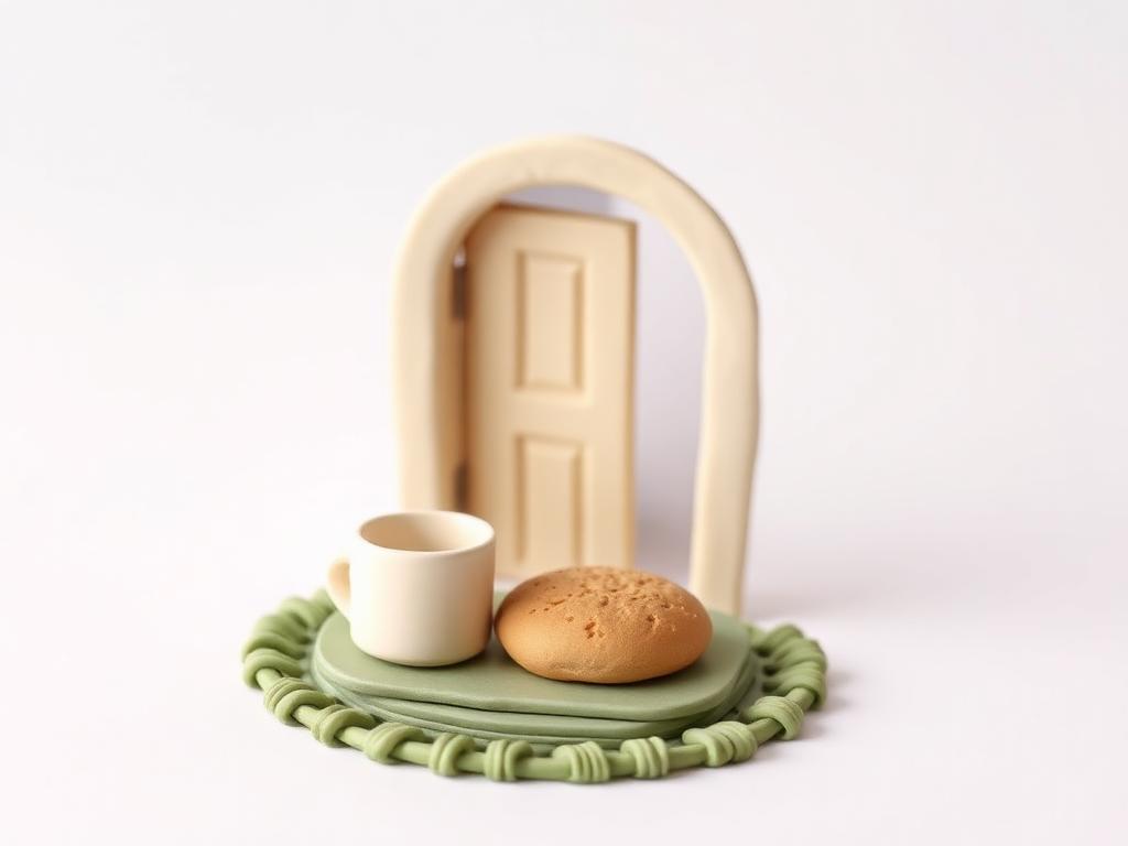 A cream clay cup and clay bread set out on a sage clay mat beside an open clay door
