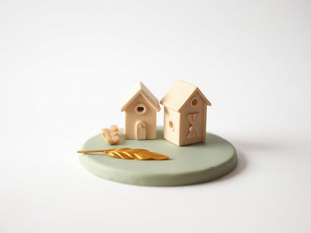 A gold clay feather resting beside two cream clay houses on a sage clay base