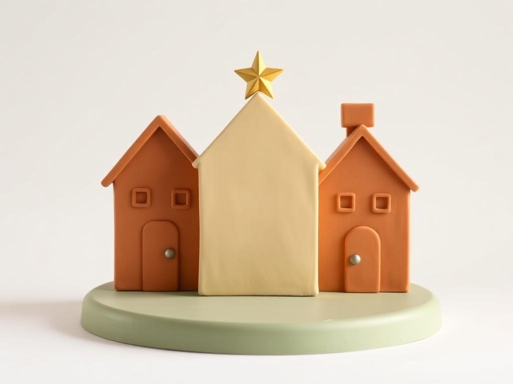 A cream clay wall between two houses with a small gold clay star on top and no cracks