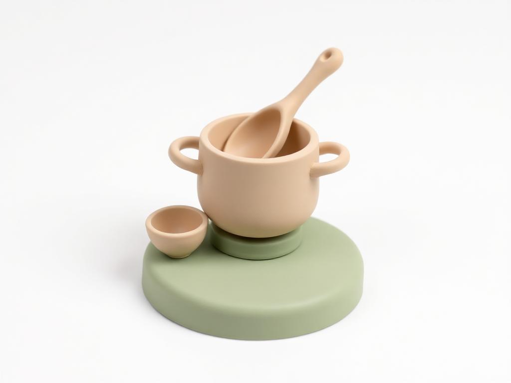A cream clay cooking pot with a clay ladle and a small clay bowl beside it on a sage clay stand