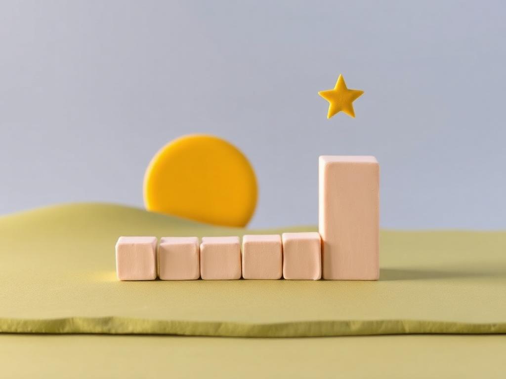 A gold clay sun rising over seven small cream clay blocks on sage clay ground