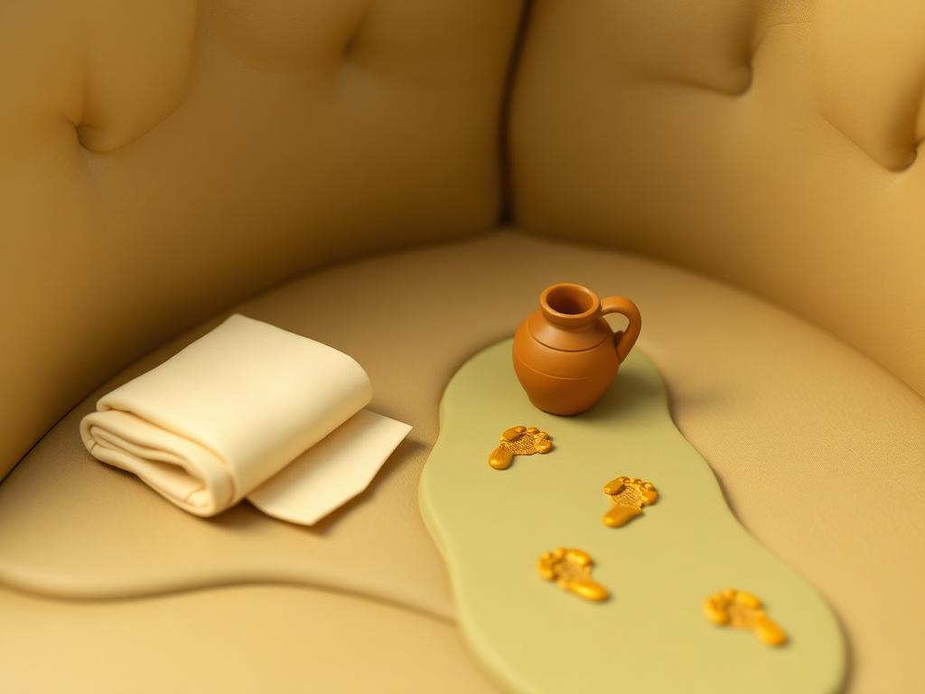 A folded cream clay garment and clay water jug beside a sage clay path with gold clay footsteps