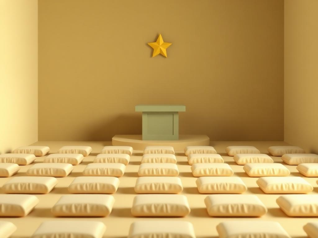 Rows of cream clay cushions facing a sage clay pulpit with one gold clay star above it