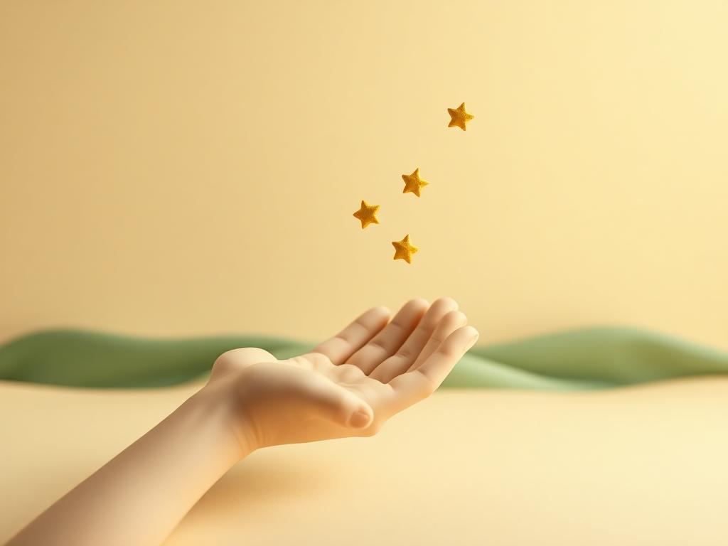 A cream clay open hand releasing small gold clay stars over a sage clay horizon