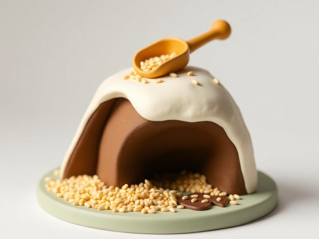 A heap of cream clay grain with a gold clay scoop on top and a damp darker patch beneath