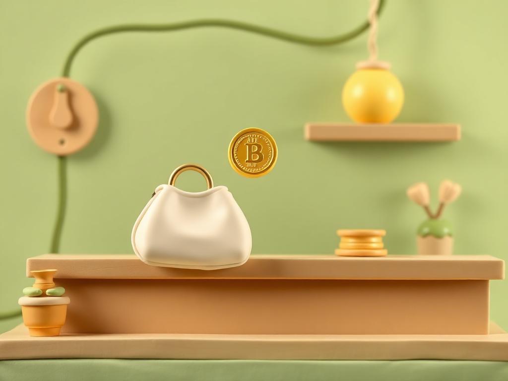 A cream clay purse on a sage clay counter with a gold clay coin held above it