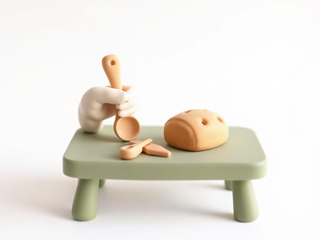 A cream clay hand holding a simple clay tool beside a small clay loaf on a sage clay table