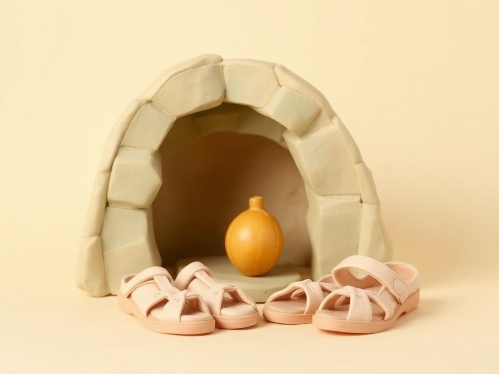 Two cream clay travel sandals beside a sage clay cave opening with a gold clay date