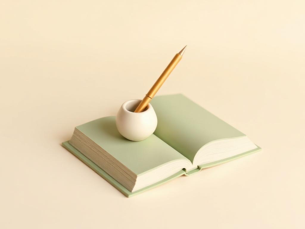 Cream clay inkwell with a gold clay reed pen resting on a sage clay open book