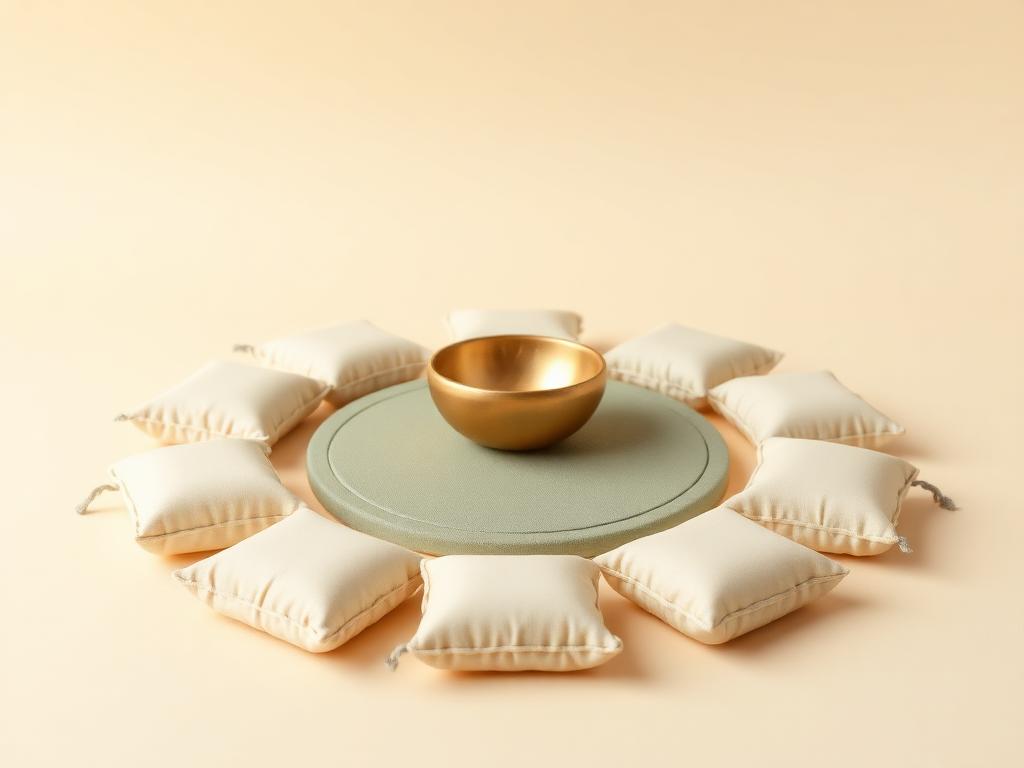 Circle of cream clay cushions around a sage clay mat with a gold clay bowl in the middle