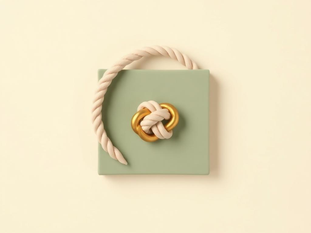 Cream clay rope loop laid over a sage clay tile with a gold clay knot at the centre