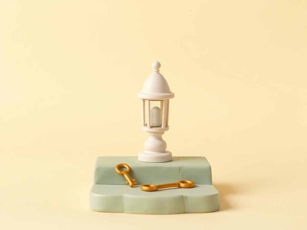 Cream clay lantern on a sage clay street step with a gold clay key beside it
